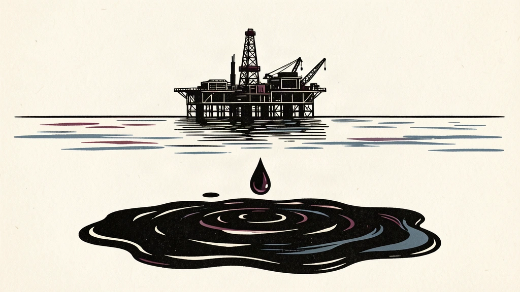 An editorial illustration of an offshore oil platform in the distance with a large drop of oil falling into a pool in the foreground.
