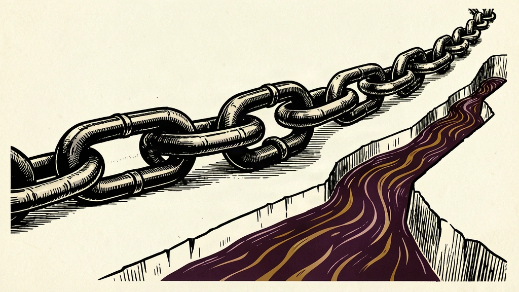 An illustration of a heavy locked chain link representing a blocked strait, while a separate stream of oil flows through a bypass route.