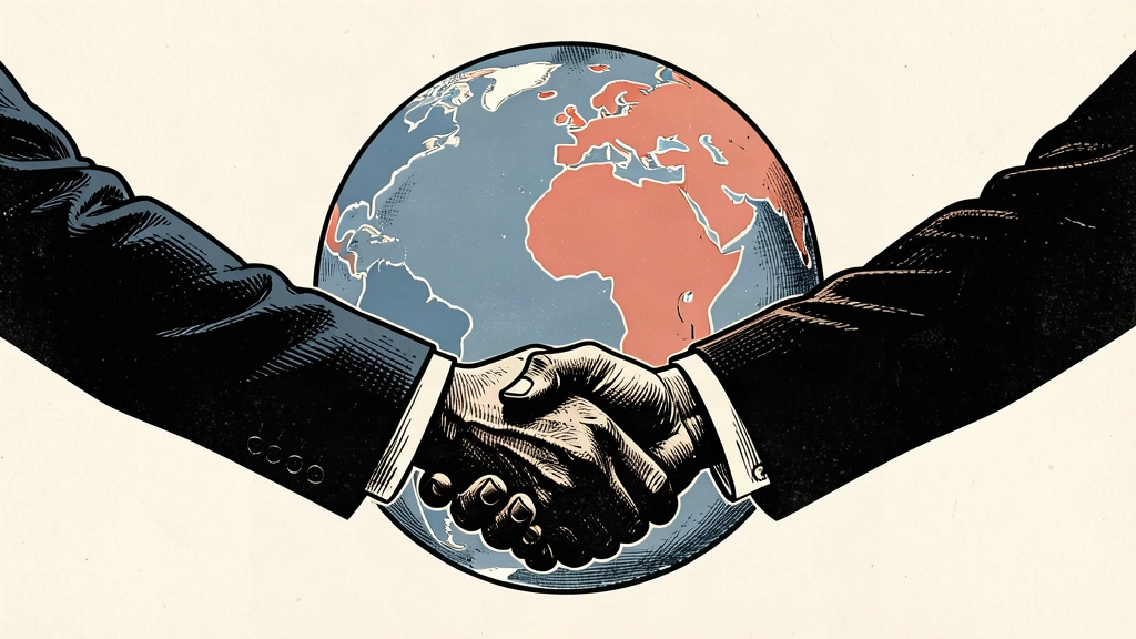 A close-up illustration of a handshake between two formal suits, set against a background of a globe showing the regions of India and Egypt.