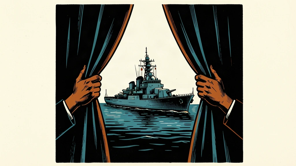 An editorial illustration showing a pair of hands pulling back a heavy curtain to reveal a ship at sea, representing a behind-the-scenes role in a conflict.