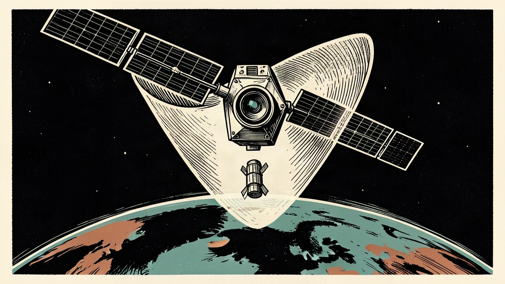 An editorial illustration showing a large defensive satellite in orbit providing a protective barrier for a smaller satellite above the Earth.