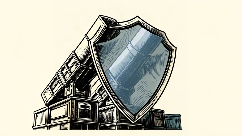An editorial illustration showing Patriot missile defense canisters angled upward behind a large protective shield.