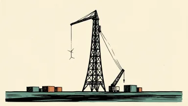 AT&T reorganizes its wireless business: a section of a telecommunications tower is removed by a crane, representing the elimination of a corporate role.
