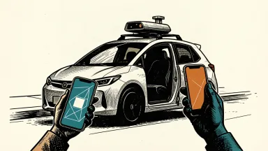An editorial illustration of a smartphone summoning a driverless car with roof sensors.