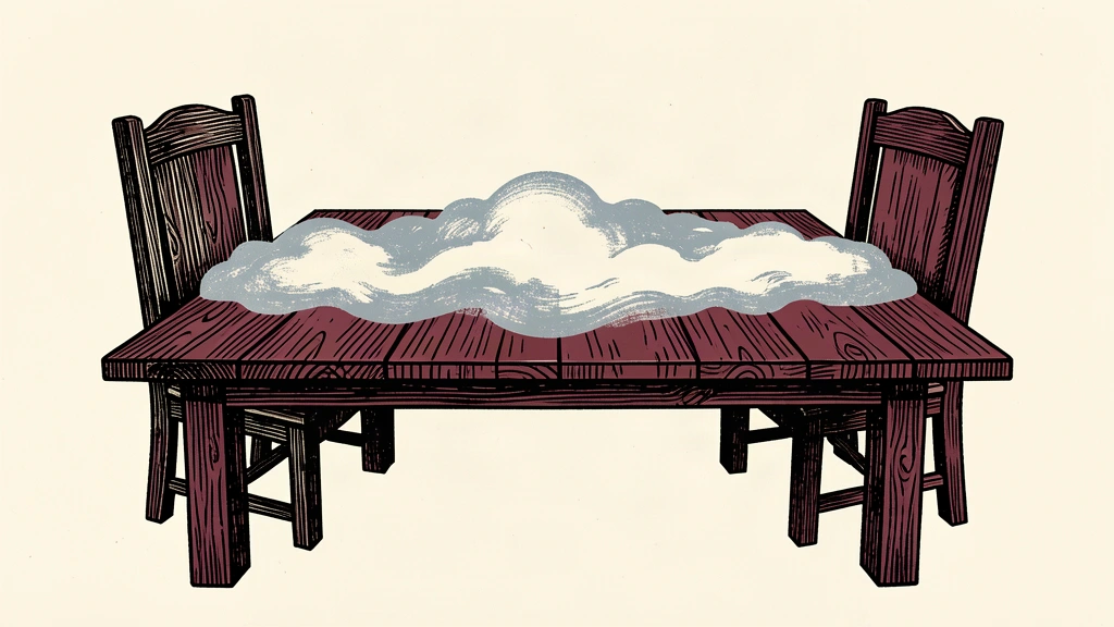 An illustration of two empty chairs at a large table covered in thick fog, representing diplomatic uncertainty.