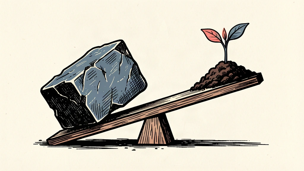An editorial illustration showing a heavy stone block weighing down one side of a balance scale while a small plant sits on the high, light side.