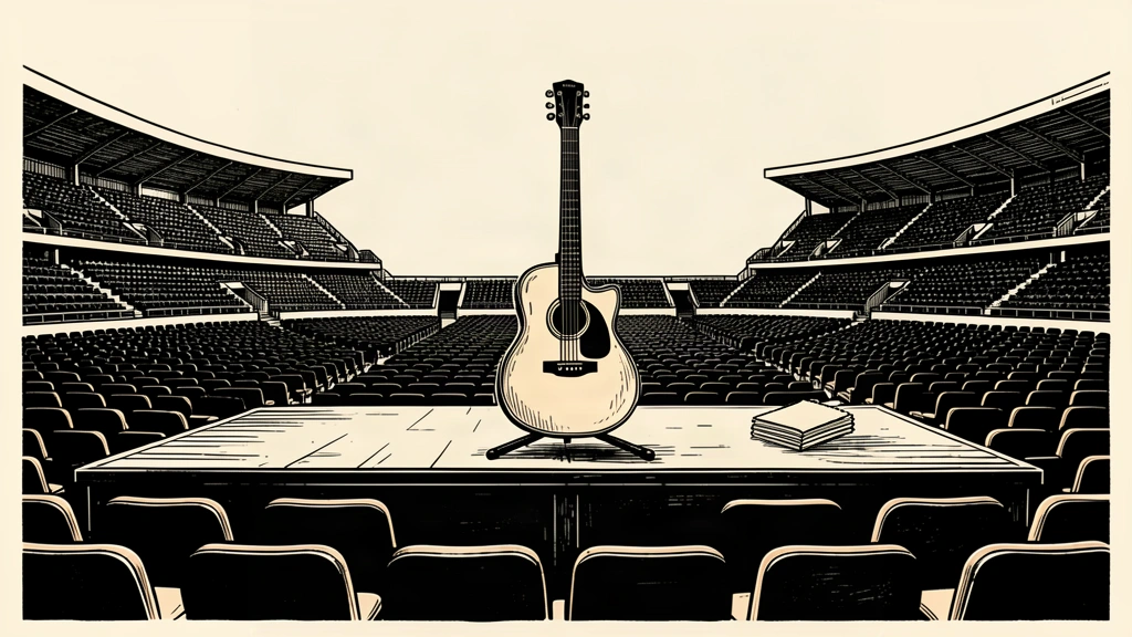 An illustration of an empty concert stadium with a lone guitar on stage and stacks of unsold tickets.