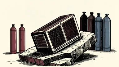 Plug Power stock underperforming its peers: a hydrogen fuel cell unit slides down a tilted stone slab while other industrial equipment remains stable.