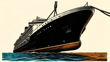 Carnival Corp reaches record financial heights: the smooth, massive hull of a cruise ship is hoisted high above the water by a heavy cable.