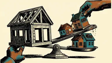 Real estate insider buying: multiple small house models being added to one side of a balance scale, causing it to tilt downward.