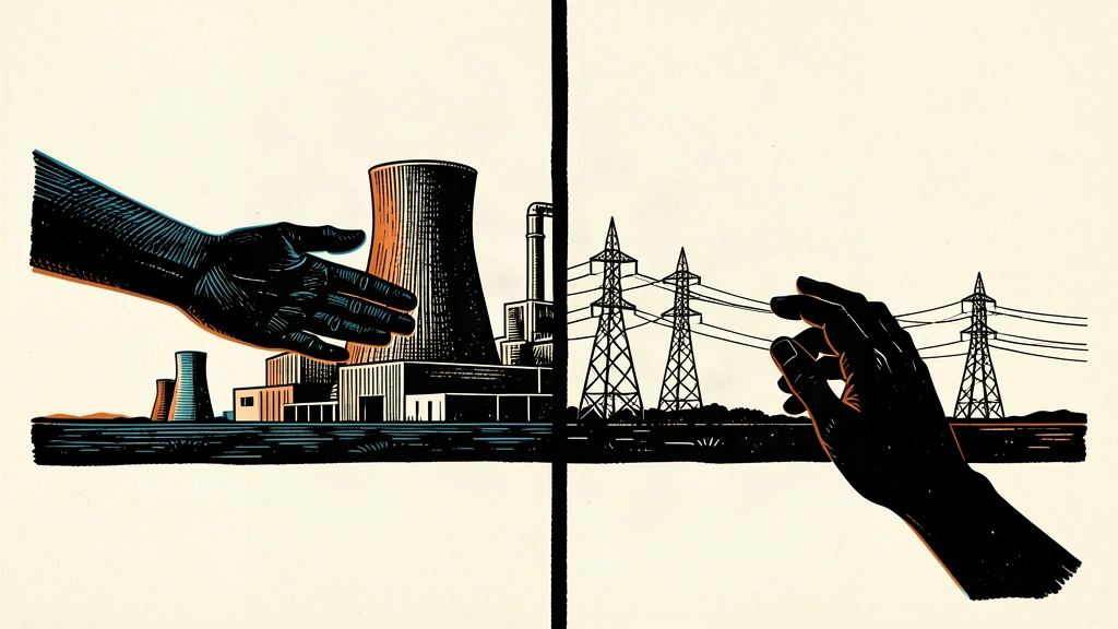 An editorial illustration showing a power plant being split by a vertical line, with one hand grasping one side and another hand letting go of the other side.