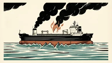 An oil tanker in the Strait of Hormuz with a large rupture and rising smoke after a reported mine strike.