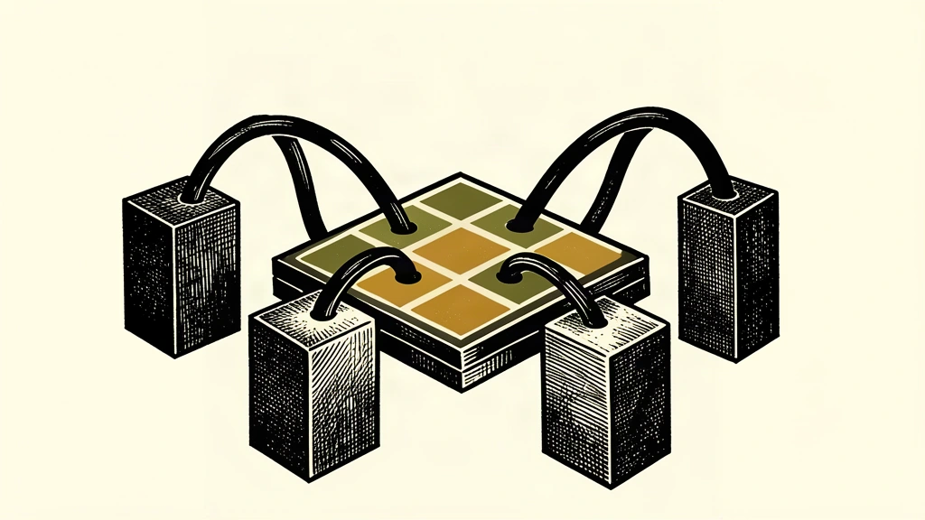An editorial illustration showing a central digital platform connected by four thick cables to exactly four distinct, solid pillars representing financial data providers.
