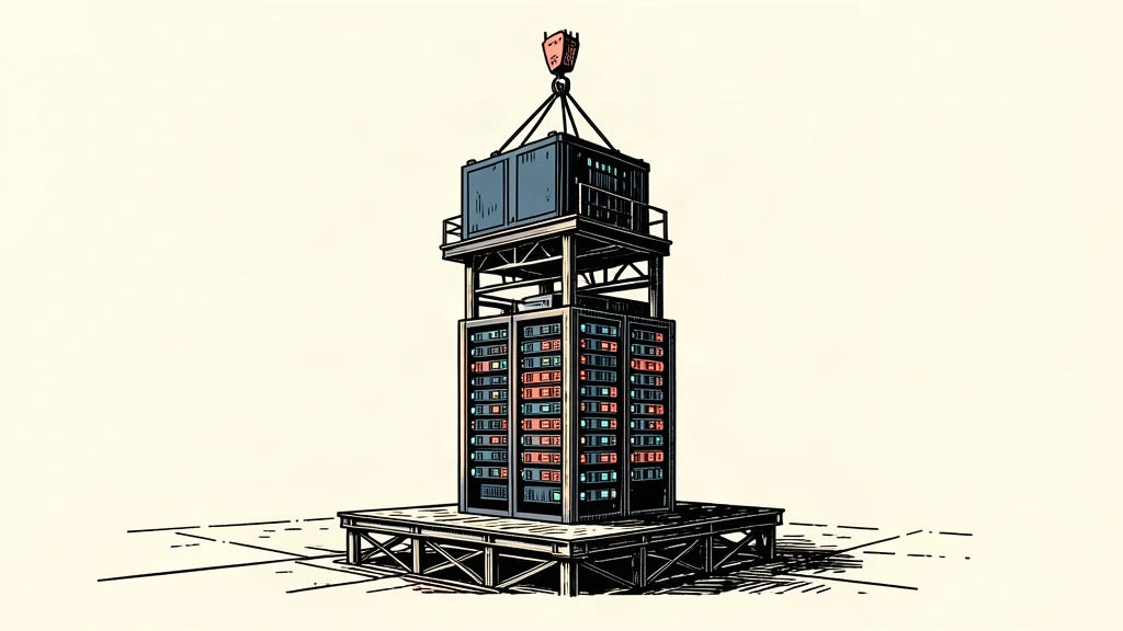 An editorial illustration showing a large server tower being built, with a crane lowering a new module onto the top to represent ongoing AI infrastructure investment.