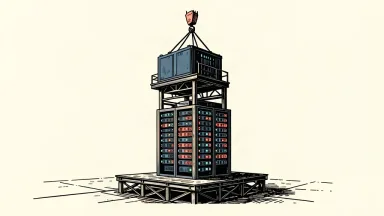 An editorial illustration showing a large server tower being built, with a crane lowering a new module onto the top to represent ongoing AI infrastructure investment.