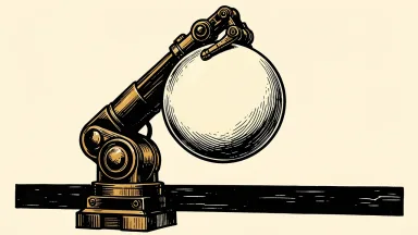 Robo.ai revenue growth: an industrial robotic arm lifts a large sphere above a horizontal threshold line.