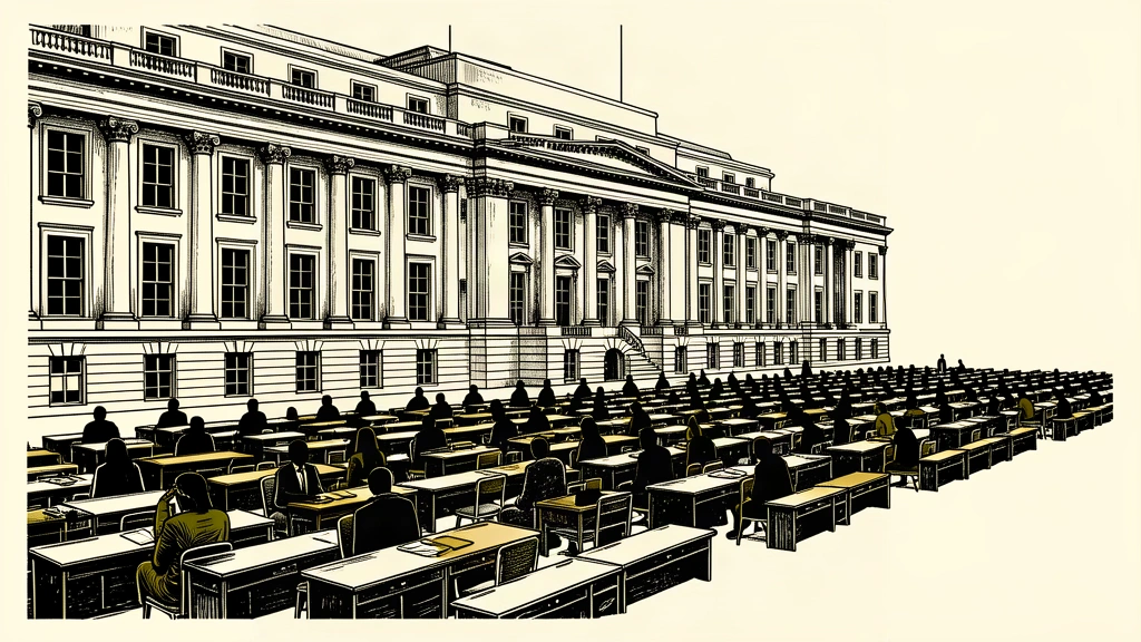 A conceptual illustration showing a long row of empty office desks in front of a large government building, representing the shrinking federal workforce.