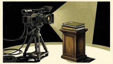 Nexstar Media Group preparing for earnings: a broadcast television camera focused on a stack of ledgers on a podium in a dark studio.