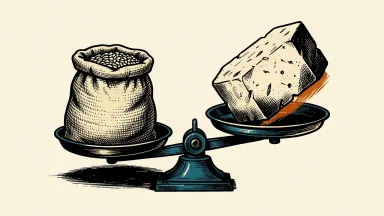 Rice prices influencing Japan's inflation and interest rates: a woven rice sack on a balance scale lifting a heavy stone block.