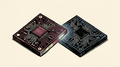 Skyworks and Qorvo merger: two semiconductor chips fusing together on a flat surface to form a single integrated unit.