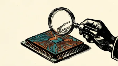 Nvidia and ChipAgents launch AI chip design evaluation: a magnifying glass examines and refines the intricate circuitry of a large semiconductor chip.