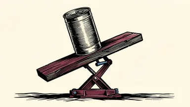 Conagra Brands earnings beat: a large metal food can is lifted upward on a wooden platform by a sturdy mechanical jack.