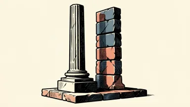 Cigna Group reaffirms its 2026 outlook: an established stone column stands beside a newly aligned pillar of stacked slabs on a firm foundation.
