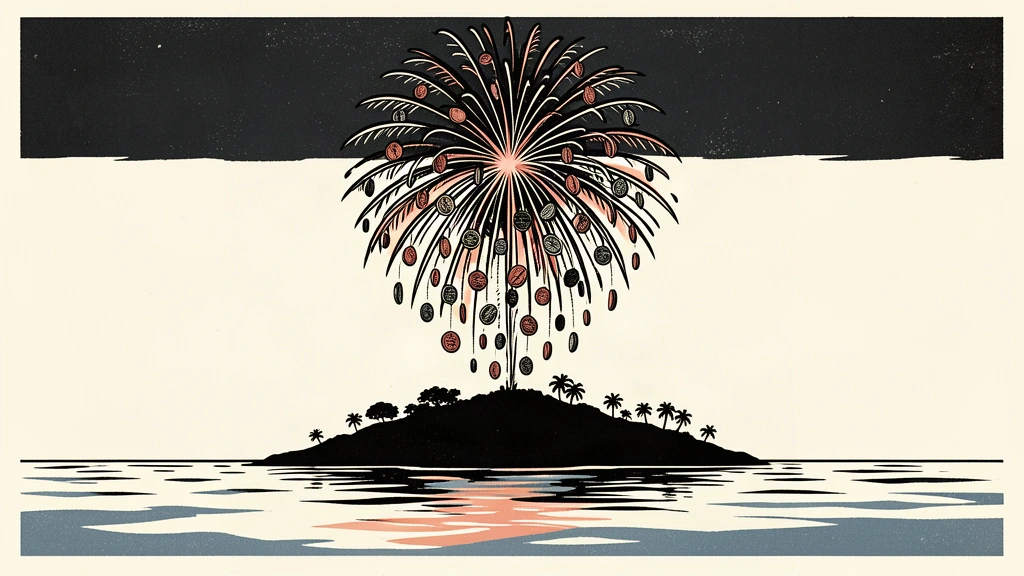A conceptual illustration of a private island under a firework display where the sparks are falling coins, representing the reported funding of a lavish wedding.