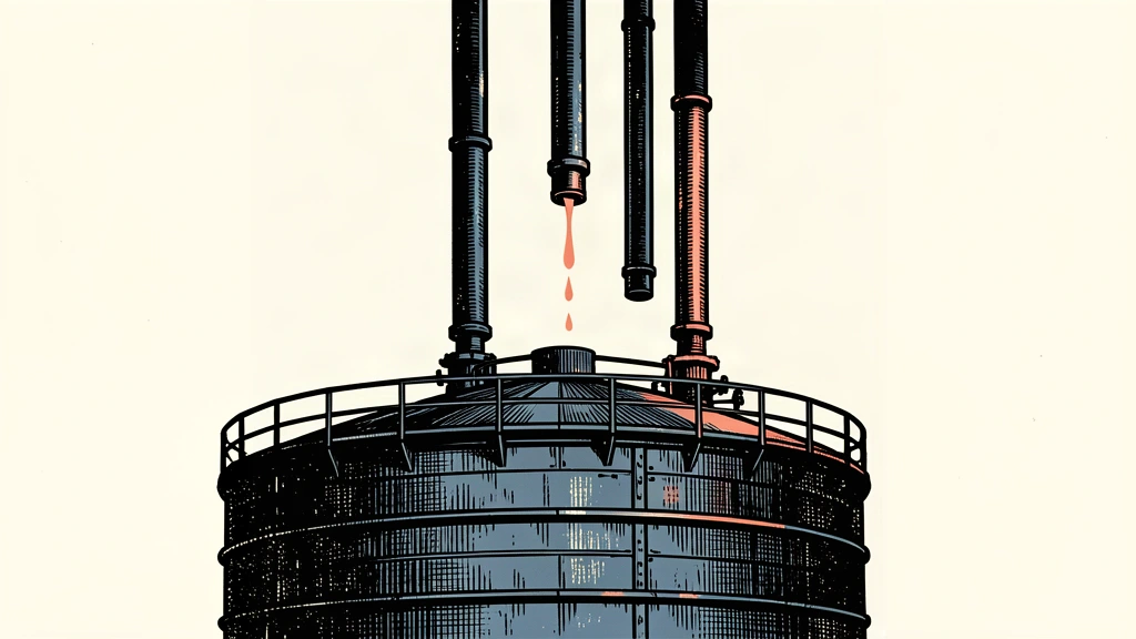 An editorial illustration showing a large oil tank with disconnected pipes above it, representing a decline in crude processing.