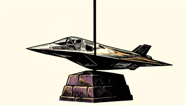 Lockheed Martin price target cut by TD Cowen: a large aerospace jet on a pedestal is pressed downward by a heavy horizontal line.