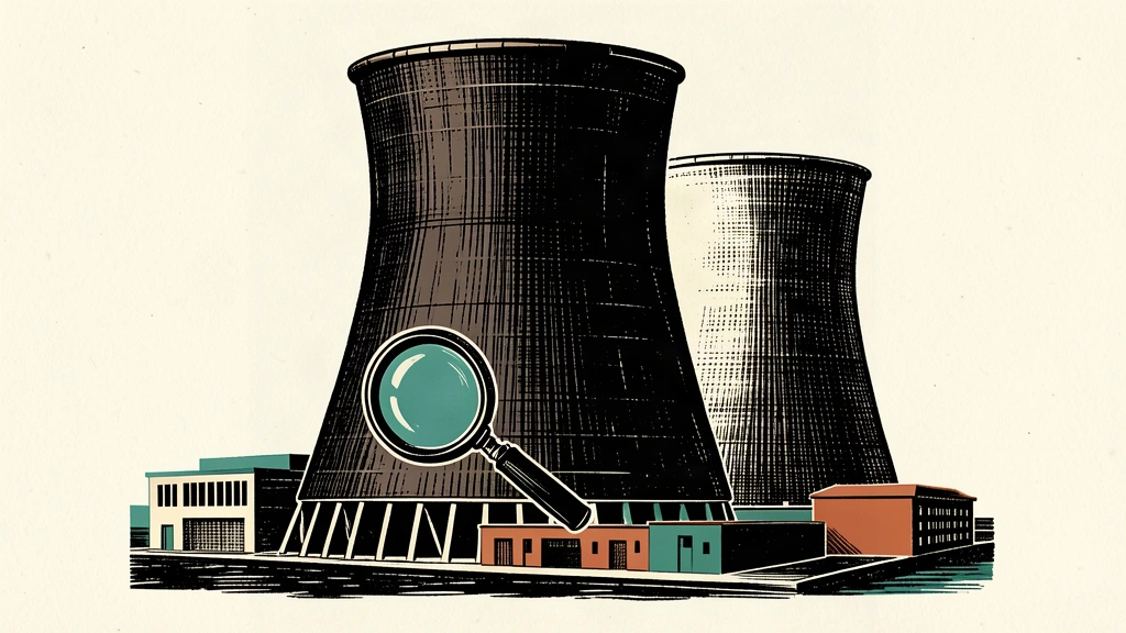 An editorial illustration showing the expansion of a nuclear facility through two cooling towers and a lens focusing on a new structure.