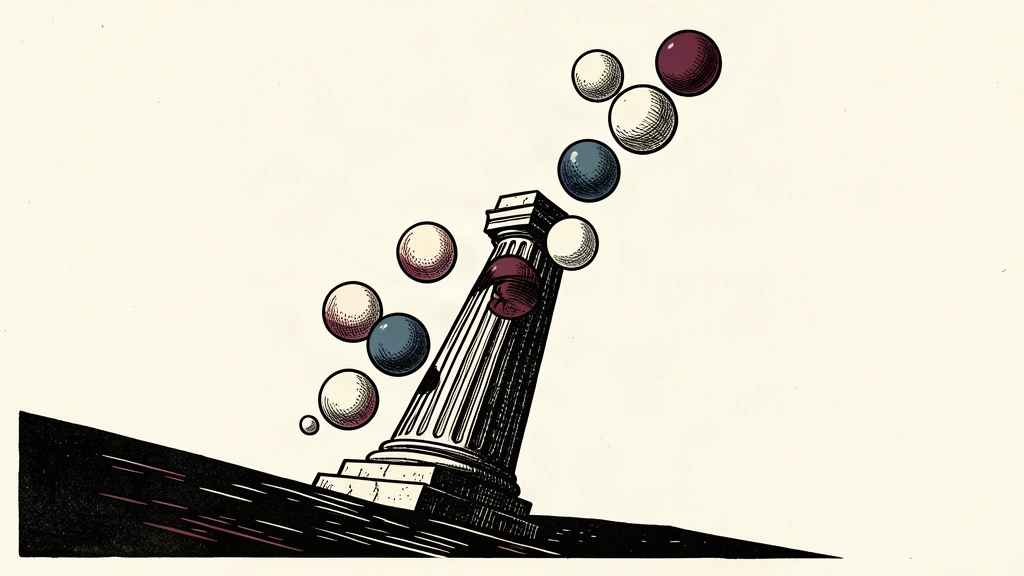 An editorial illustration showing buoyant spheres rising into open space while a heavy stone pillar rests on a downward slope.