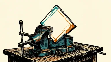 Alphabet facing securities fraud lawsuit: a geometric AI interface tile is clamped tightly in a heavy industrial vice.