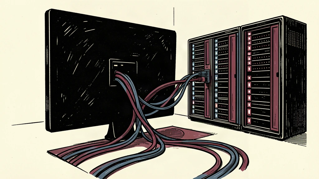 An editorial illustration showing a user interface tile with hidden cables routing through a barrier into a separate server rack.
