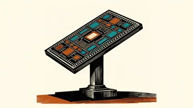 A large computer processor chip being physically hoisted upward by a structural support beam.