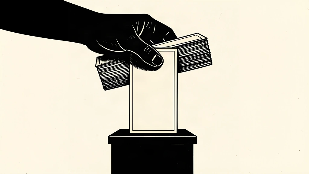A silhouette of a hand gripping a stack of papers to keep a single paper balanced on a pedestal.