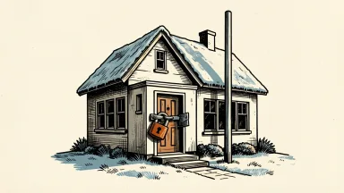 Zillow report shows a housing market slowdown: a house with a large padlock on the door stands next to a tall, cold pillar representing high mortgage rates.