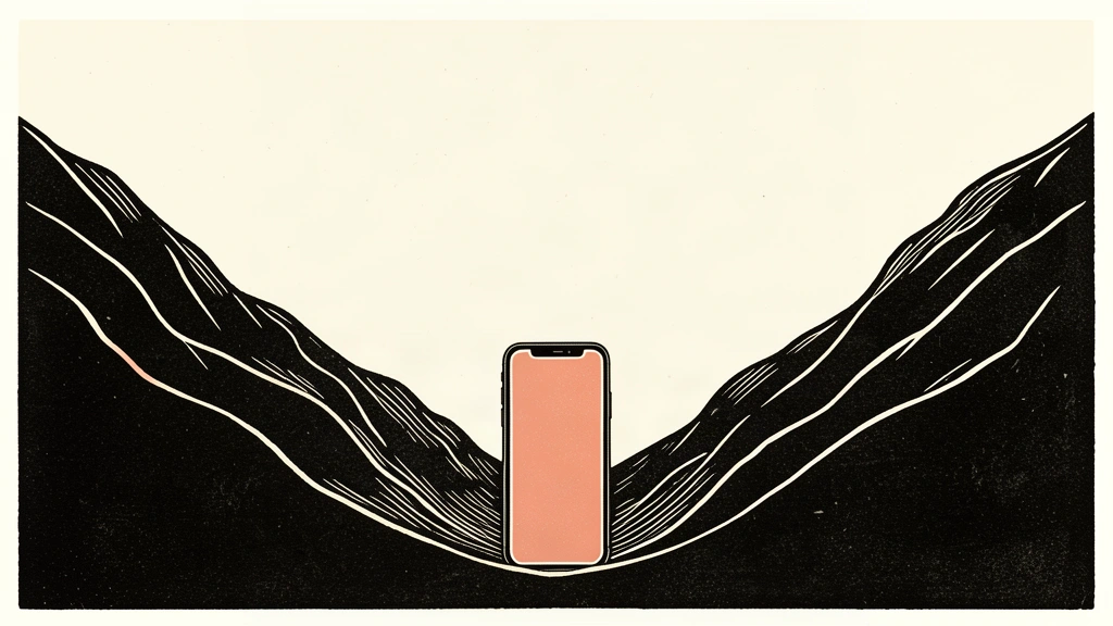 An editorial illustration showing a smartphone sitting at the bottom of a deep U-shaped curve, representing a market cycle low.