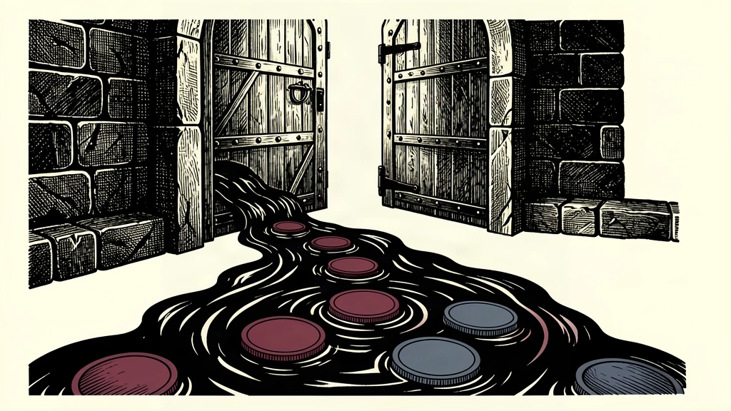 An editorial illustration showing a massive stone gate releasing a steady flow of liquid and coins, representing a large liquidity injection.