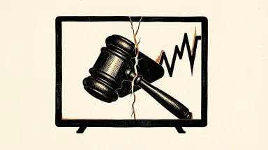 AppLovin facing a securities fraud lawsuit: a heavy gavel rests on a digital screen with a video icon as a stock line drops sharply.