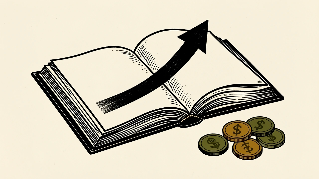 AstraZeneca biopharma head's 2030 revenue goal shown as an upward arrow over an open book with coins.