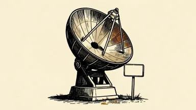 AST SpaceMobile satellite dish tilting downward next to a neutral sign.