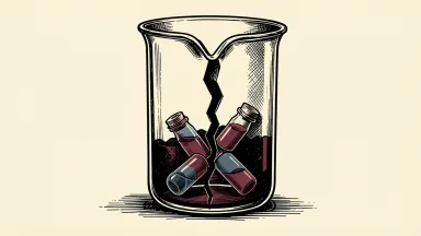 Biotech stocks under pressure: a large cracked laboratory beaker containing several sliding glass vials.