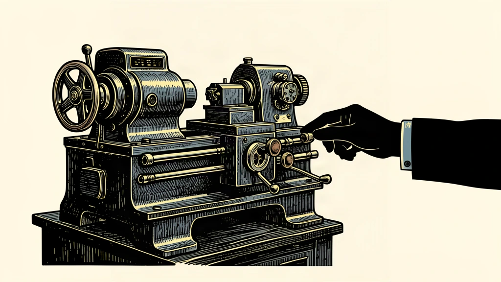 An editorial illustration of a hand reaching for a large industrial lathe, representing hiring in the durable goods sector.