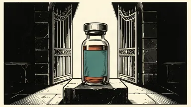 AstraZeneca's cancer drug combination granted FDA priority review: a medical vial on a pedestal before a wide-open gate.