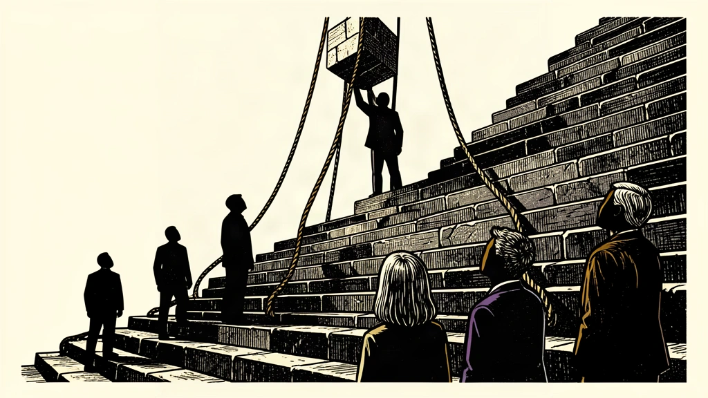 An editorial illustration of a stone staircase where a new, higher step is being lowered into place at the summit, extending the climb for the figures below.