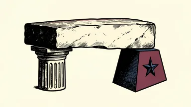 Charles Schwab dual listing on the Texas Stock Exchange: a heavy stone block rests across a classical fluted column and a modern plinth with a carved star.
