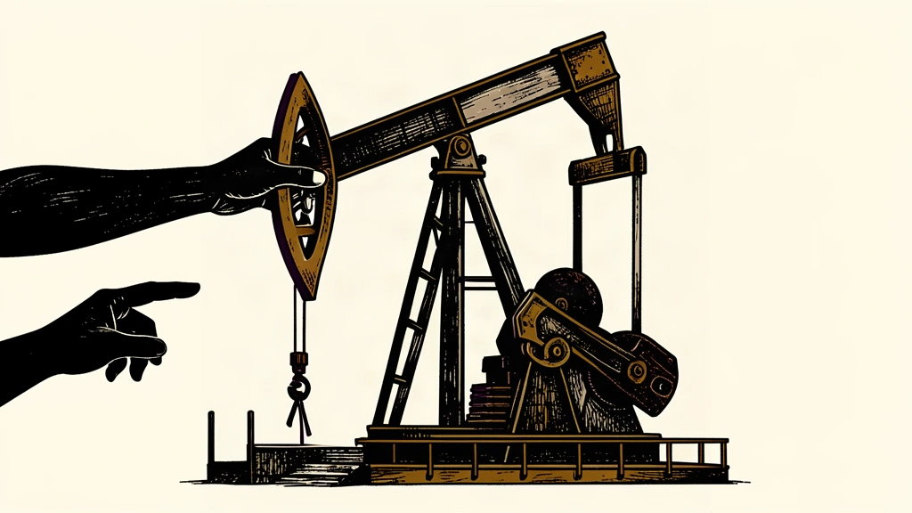 An editorial illustration showing a large oil pumpjack being grasped by a large silhouette of a hand, representing a takeover interest.