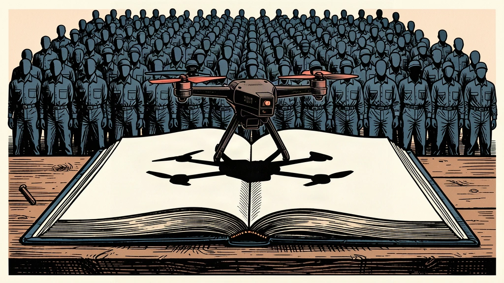 An editorial illustration showing a military drone emerging from a blank textbook, with a large group of silhouetted workers in the background.