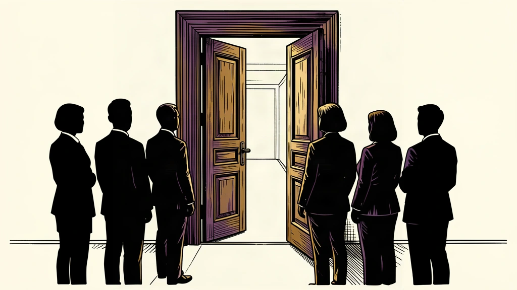 A group of silhouettes in suits watch a large door that has been left slightly open.